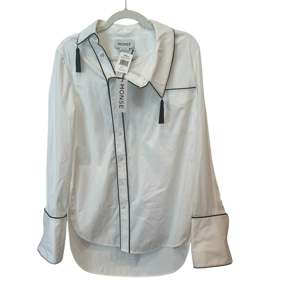 MONSE Side-Collar Tassel Shirt Women's 8 White Black Piping NWT $990
